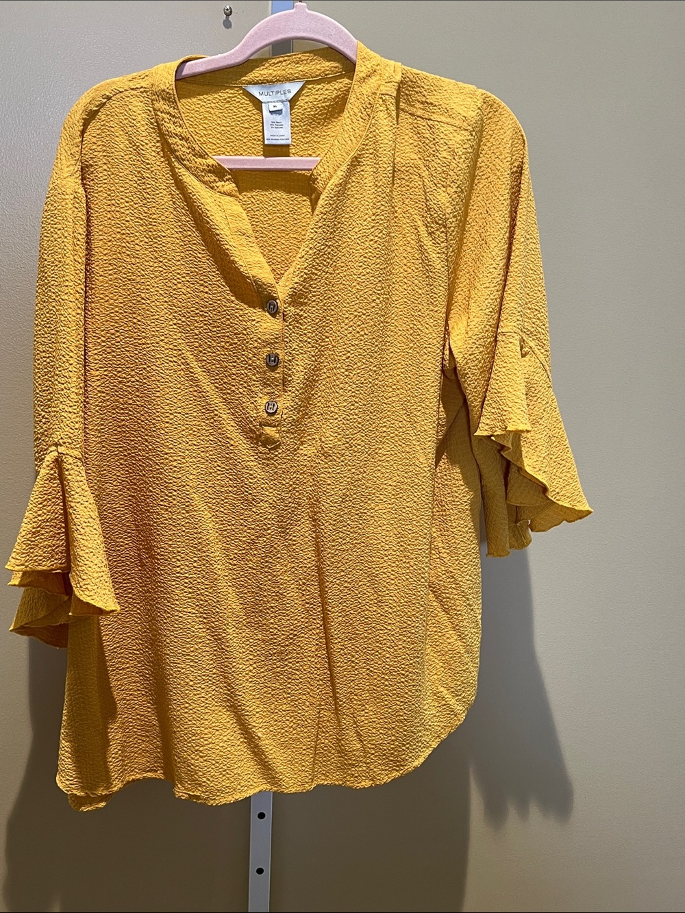 Multiples Mustard Yellow Henley Blouse with Ruffle Sleeves